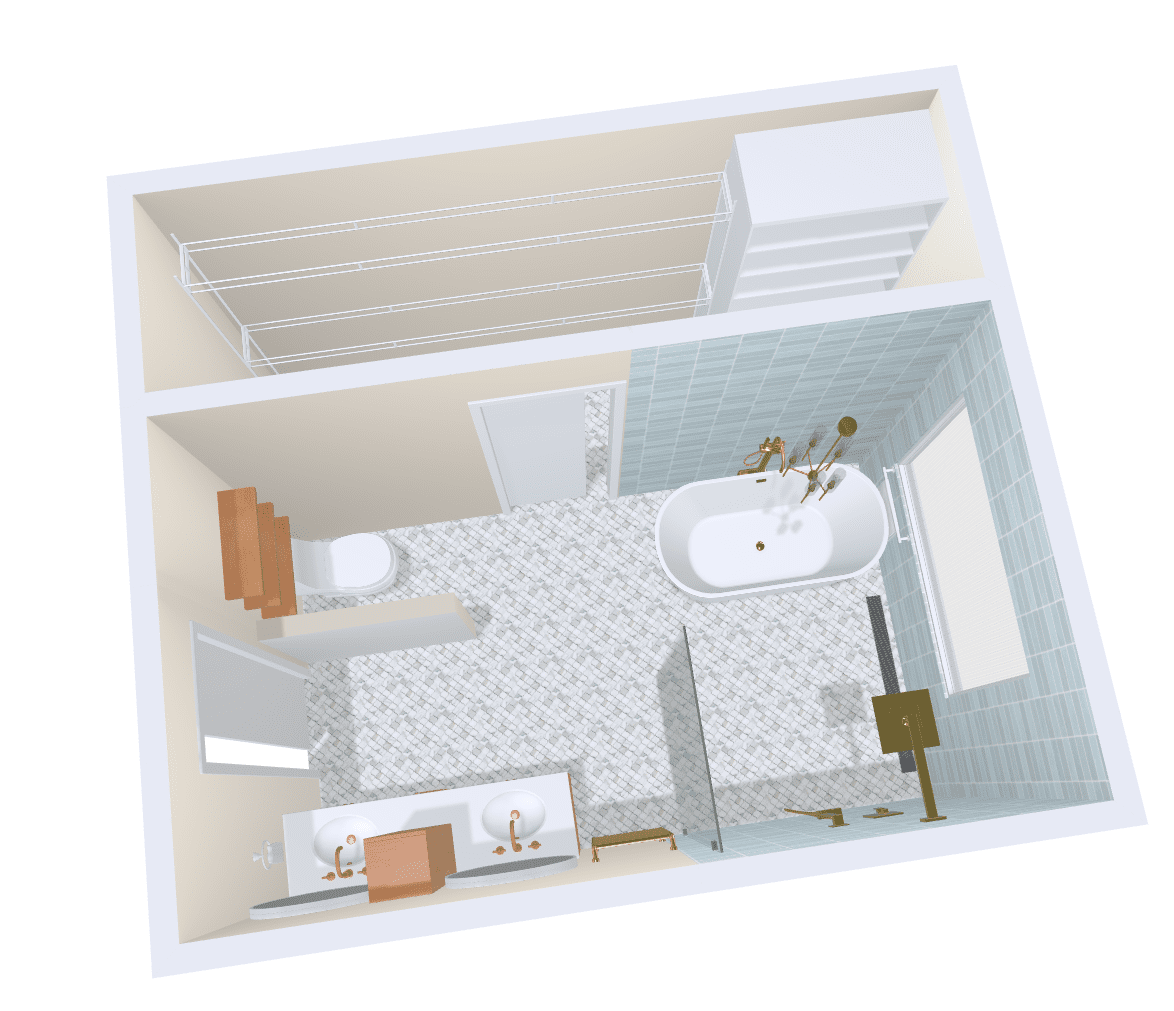 3D layout of a master bathroom renovation with a freestanding soaking tub, dual vanity, walk-in shower, and built-in shelving, designed by Signature Renovating in Toledo, Ohio